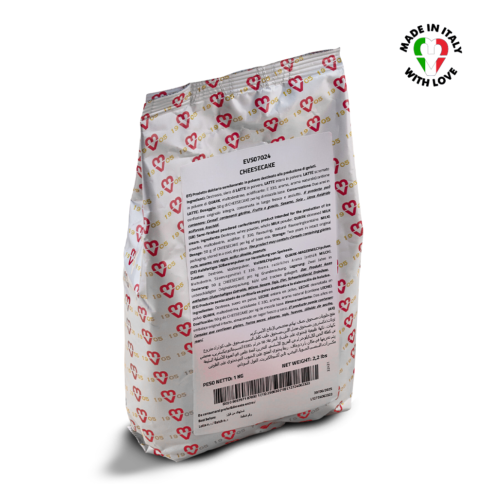 Cheesecake mix packaging with heart patterns and 'Made in Italy with Love' label on a white background