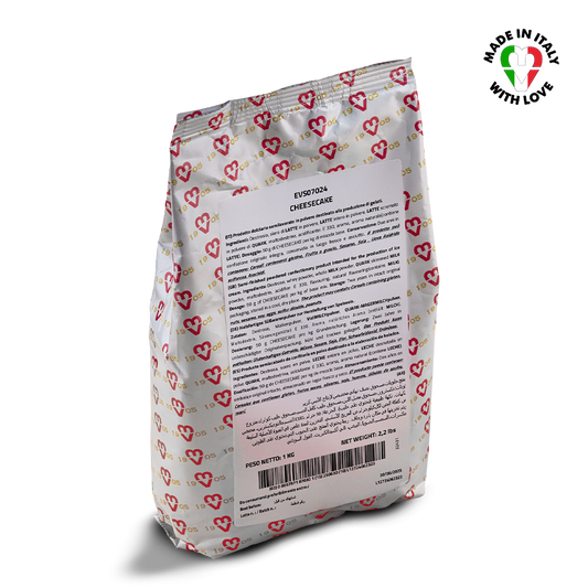 Cheesecake mix packaging with heart patterns and 'Made in Italy with Love' label on a white background