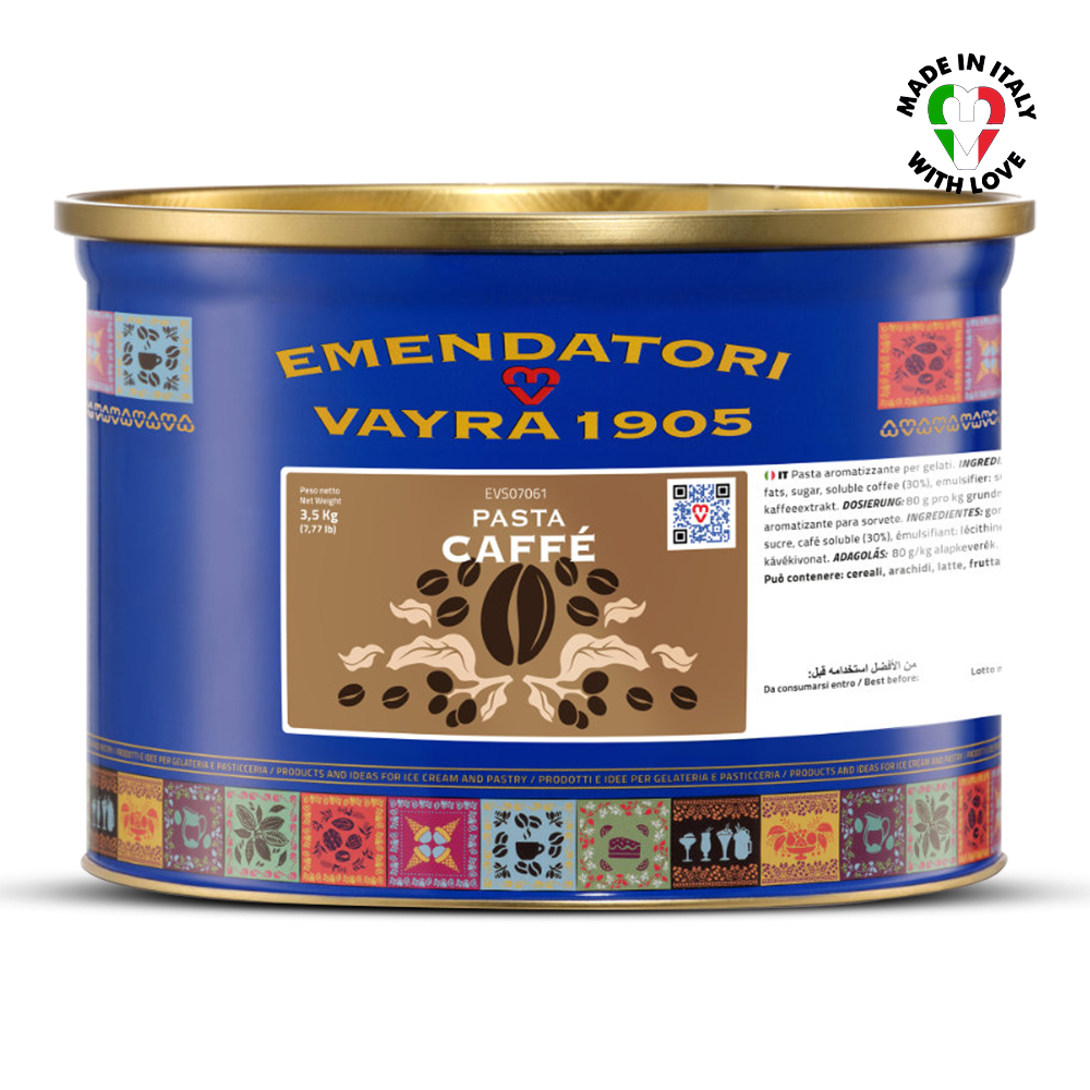 Emendatori Vayra 1905 Pasta Caffè can with blue label and gold lid on a white background