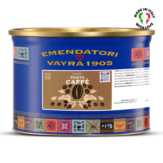 Emendatori Vayra 1905 Pasta Caffè can with blue label and gold lid on a white background