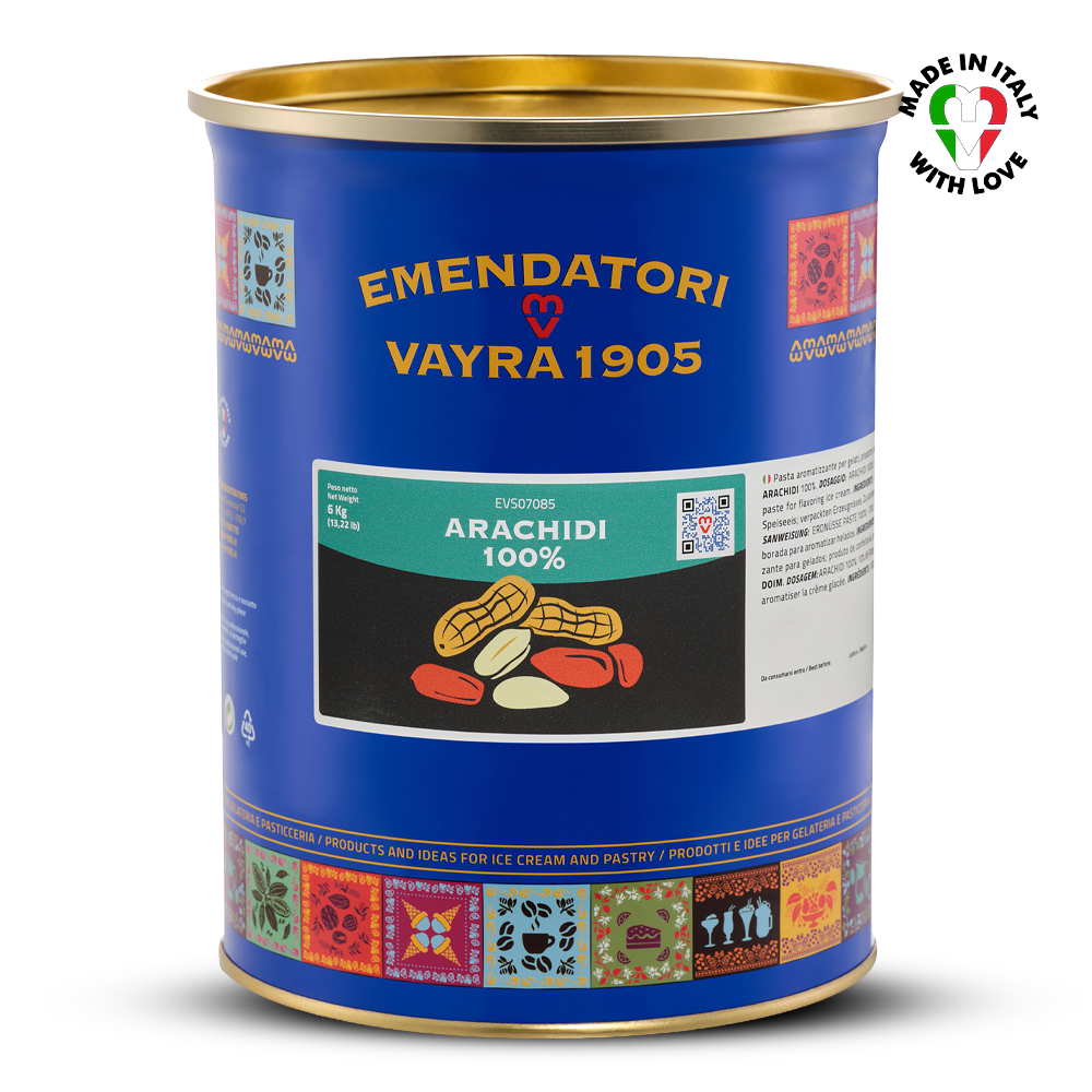 Emendatori Vayra 1905 Peanut paste for ice cream and desserts with blue label and gold lid on a white background