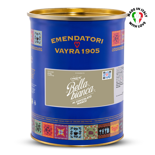 Blue canister of white chocolate variegato with gold lid featuring Emendatori Vayra 1905 branding on a white background.