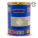 Blue canister of white chocolate variegato with gold lid featuring Emendatori Vayra 1905 branding on a white background.