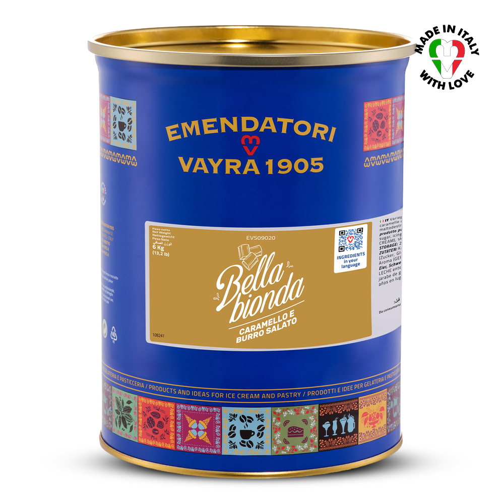 Blue canister of Salted Caramel Gelato Variegato 6kg with gold lid featuring Emendatori Vayra 1905 branding on a white background