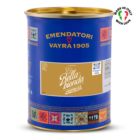 Blue canister of Salted Caramel Gelato Variegato 6kg with gold lid featuring Emendatori Vayra 1905 branding on a white background