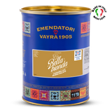 Blue canister of Salted Caramel Gelato Variegato 6kg with gold lid featuring Emendatori Vayra 1905 branding on a white background
