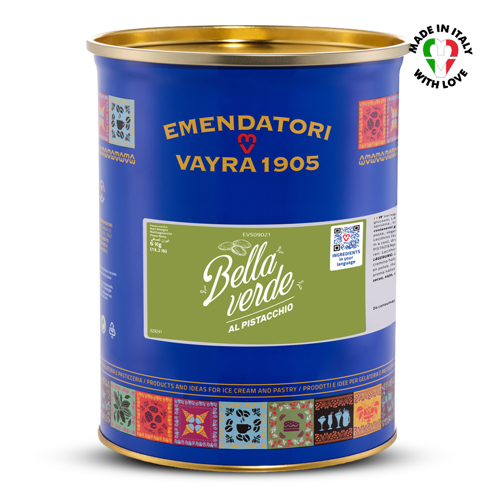 EVS09021 Pistachio Gourmet Variegato for Gelato & Pastry 6kg |Bella Verde Blue canister of Pistachio Gelato Variegato with gold lid featuring 'Emendatori Vayra 1905' branding on a white background.