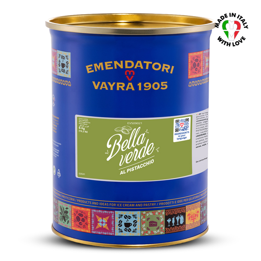 EVS09021 Pistachio Gourmet Variegato for Gelato & Pastry 6kg |Bella Verde Blue canister of Pistachio Gelato Variegato with gold lid featuring 'Emendatori Vayra 1905' branding on a white background.