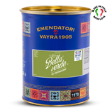 EVS09021 Pistachio Gourmet Variegato for Gelato & Pastry 6kg |Bella Verde Blue canister of Pistachio Gelato Variegato with gold lid featuring 'Emendatori Vayra 1905' branding on a white background.