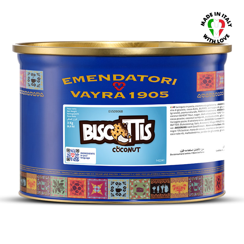 EVS09057 Chocolate, Coconut & Cookie Crunch Variegato for Gelato & Pastry 6kg | Vayragat Blue canister with gold lid featuring Biscottis Coconut flavor label