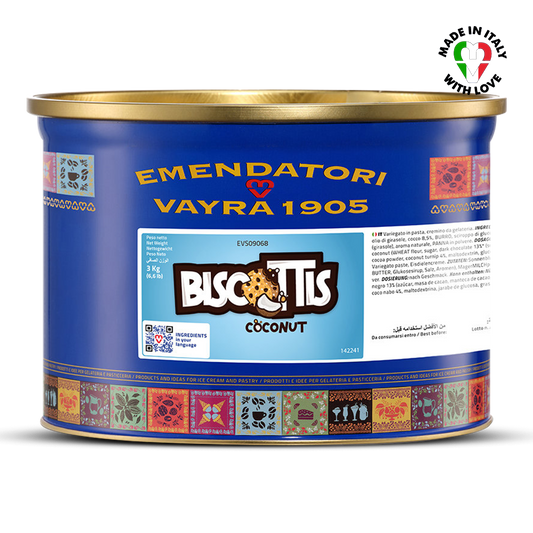 EVS09057 Chocolate, Coconut & Cookie Crunch Variegato for Gelato & Pastry 6kg | Vayragat Blue canister with gold lid featuring Biscottis Coconut flavor label