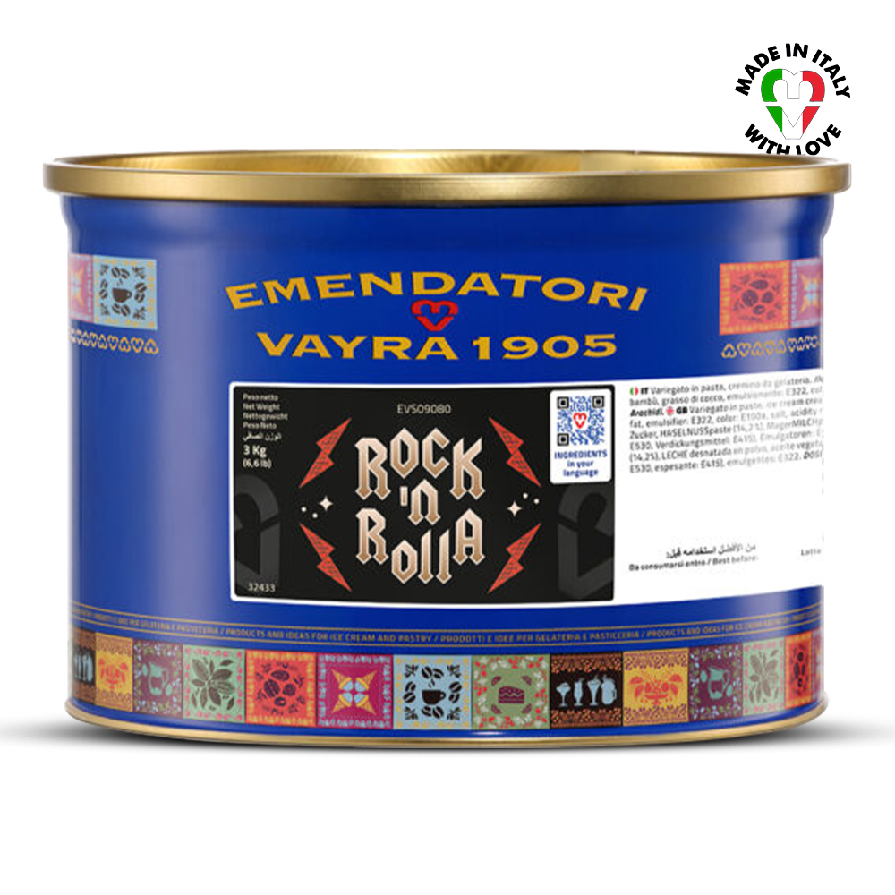 Blue canister with gold lid featuring 'Emendatori Vayra 1905' branding and 'Rock N Rolla' label on a white 