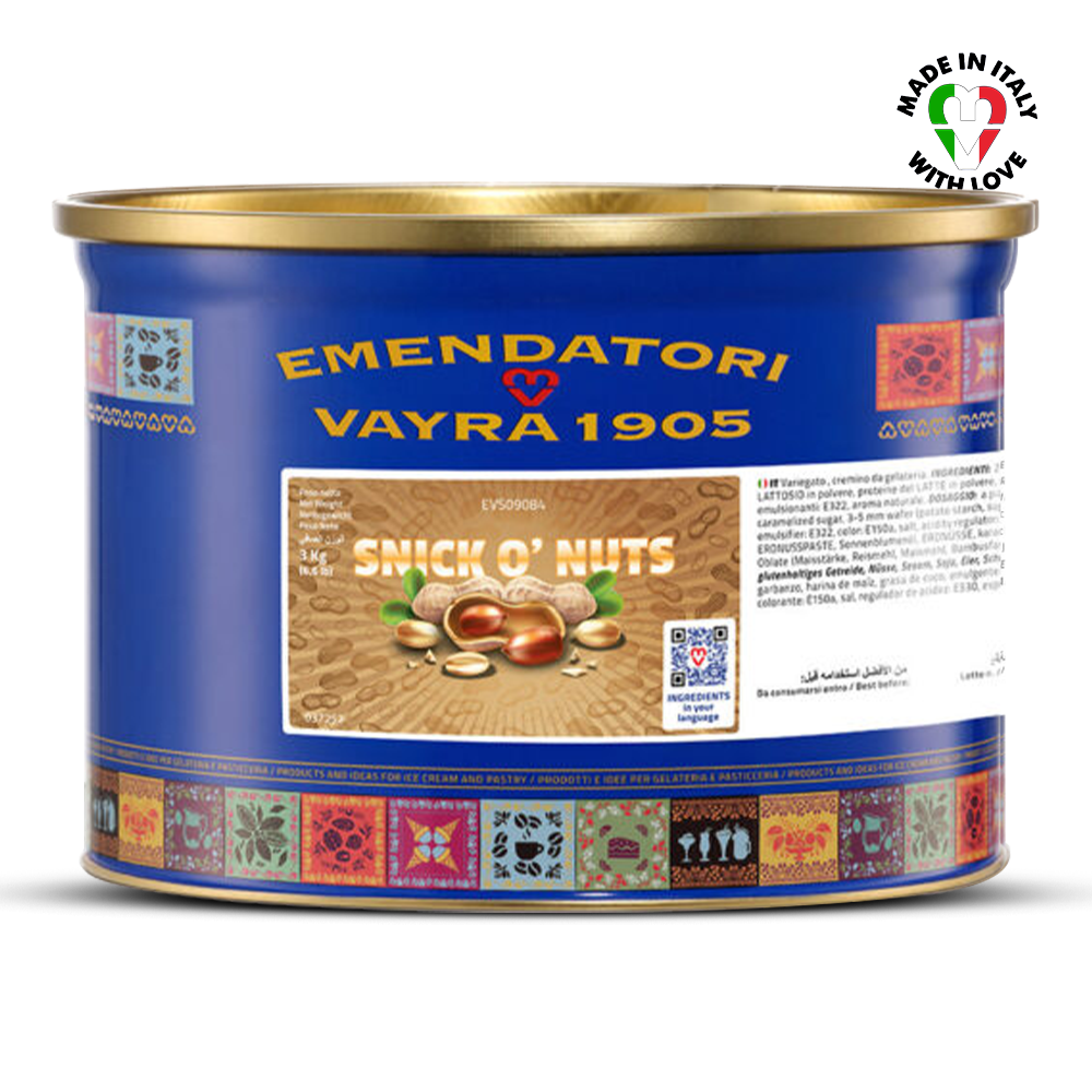EVS09091 Snick o’ Nuts Salted Peanut Butter & Peanut Crunch 6kg | Ripple Cream Blue canister with gold lid labeled 'Emendatori Vayra 1905 Snick O' Nuts' on a white background