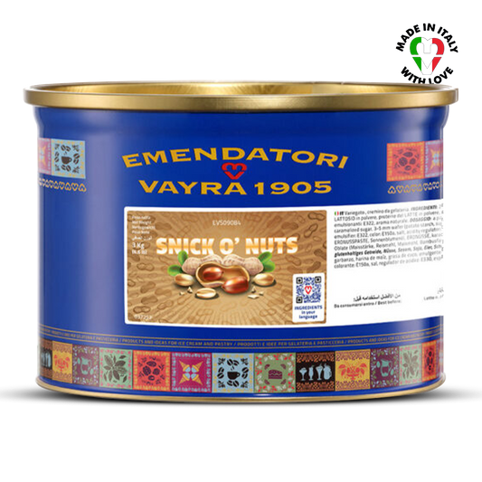 EVS09091 Snick o’ Nuts Salted Peanut Butter & Peanut Crunch 6kg | Ripple Cream Blue canister with gold lid labeled 'Emendatori Vayra 1905 Snick O' Nuts' on a white background