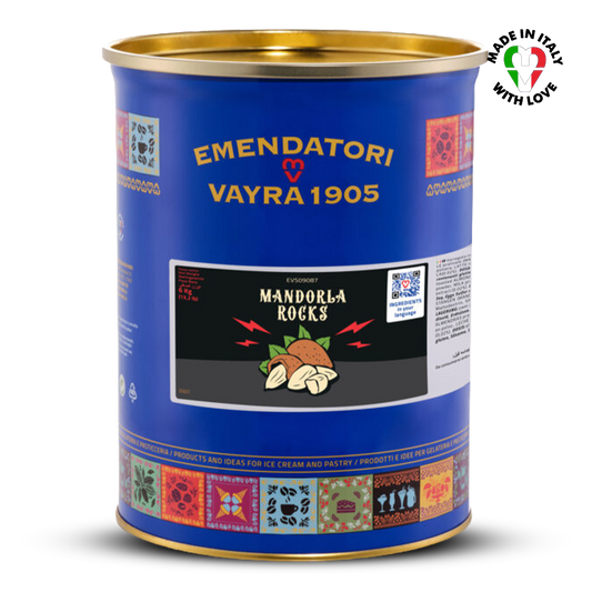 EVS09087 Mandorla Rocks Sweet Almond Praline Crunch 6kg | Ripple Cream Blue can with gold lid featuring Emendatori Vayra 1905 branding on a white background