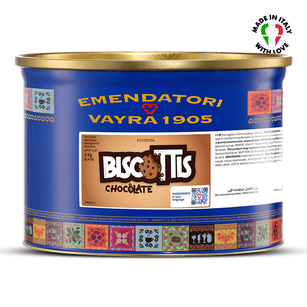 Blue canister with gold lid featuring Emendatori Vayra 1905 branding on a EVS09100 Chocolate Cookie & Hazelnut Variegato for Gelato & Pastry. Vayragato Biscottis