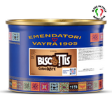 Blue canister with gold lid featuring Emendatori Vayra 1905 branding on a EVS09100 Chocolate Cookie & Hazelnut Variegato for Gelato & Pastry. Vayragato Biscottis