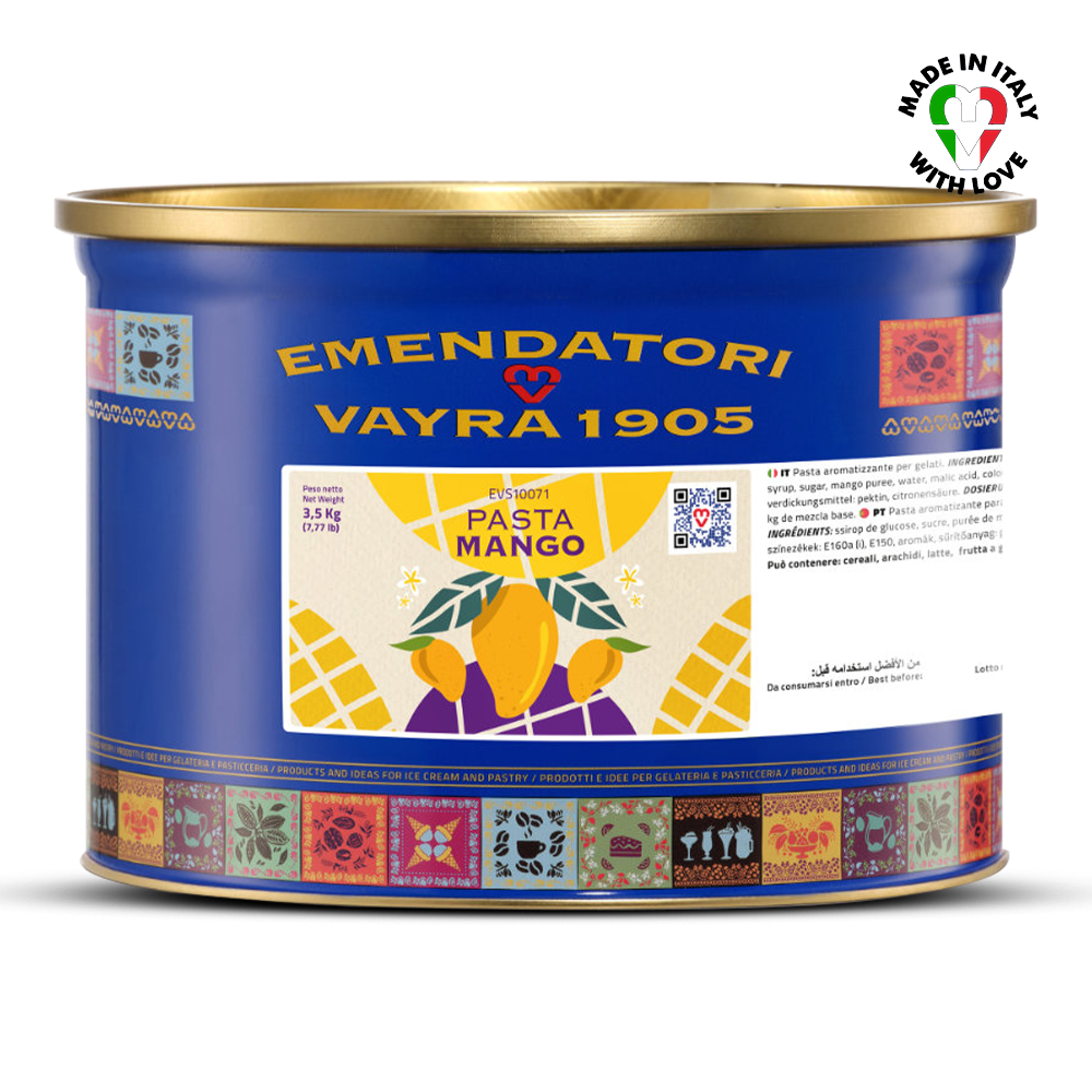 Pasta Mango can with Emendatori Vayra 1905 branding on a white background