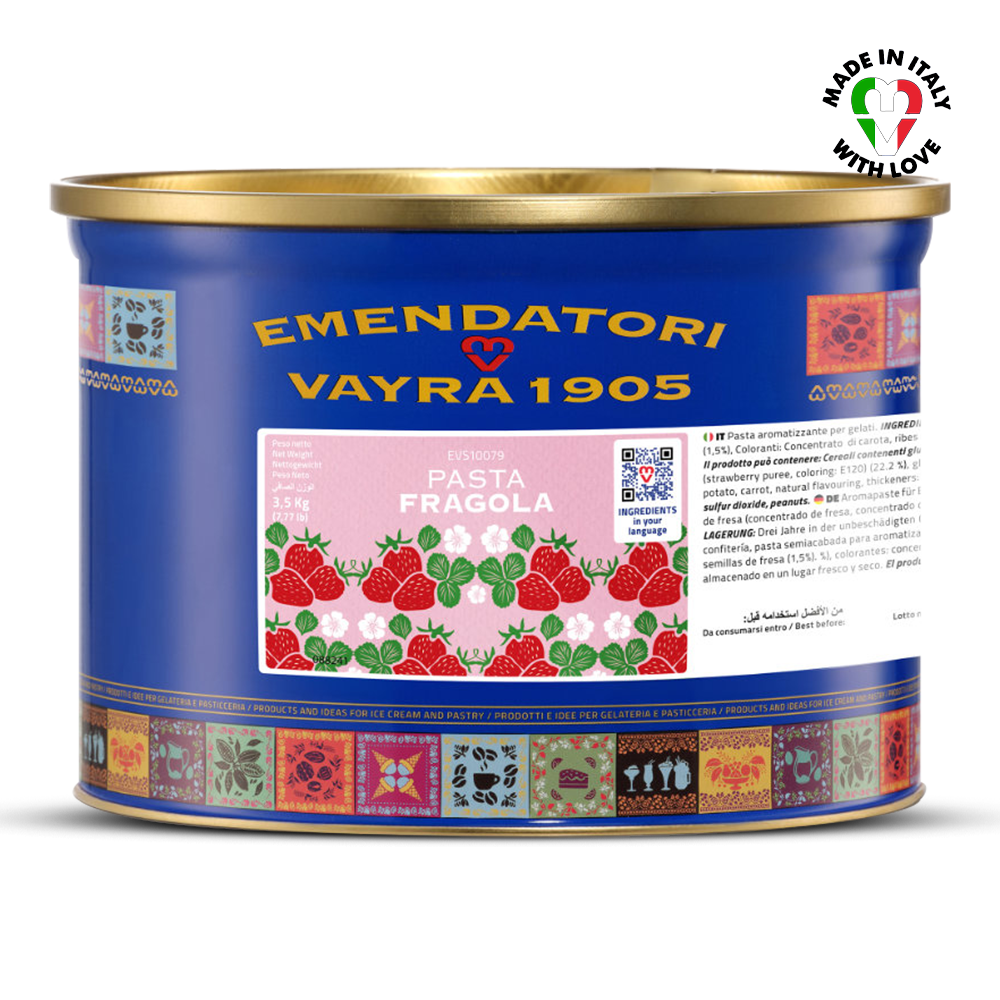 Tin of Emendatori Vayra 1905 strawberry pasta with blue label and gold rim.