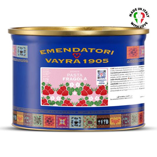 Tin of Emendatori Vayra 1905 strawberry pasta with blue label and gold rim.