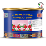 Tin of Emendatori Vayra 1905 strawberry pasta with blue label and gold rim.