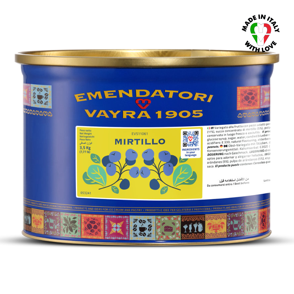 Blueberry Ripple for Gelato & Ice Cream from Emendatori Vayra 1905 tin can with blue label and gold rim on a white background