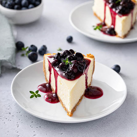 Slice of cheesecake with blueberry sauce on a white plate, surrounded by blueberries.