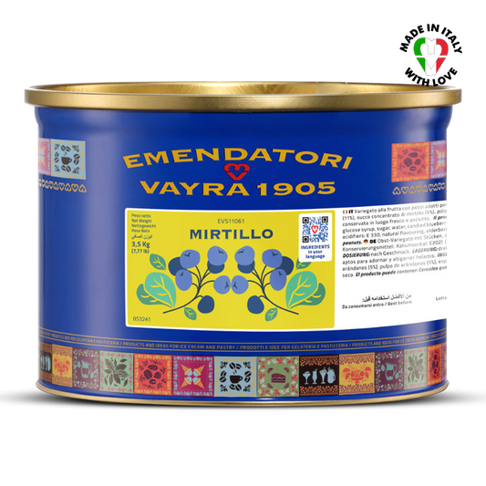 Blueberry Ripple for Gelato & Ice Cream from Emendatori Vayra 1905 tin can with blue label and gold rim on a white background
