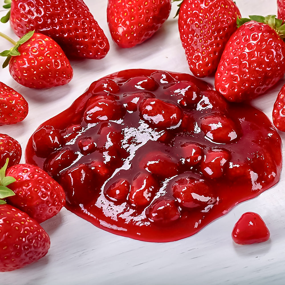 Strawberries with a pool of red strawberrytrawberry Variegato for Gelato, Ice Cream