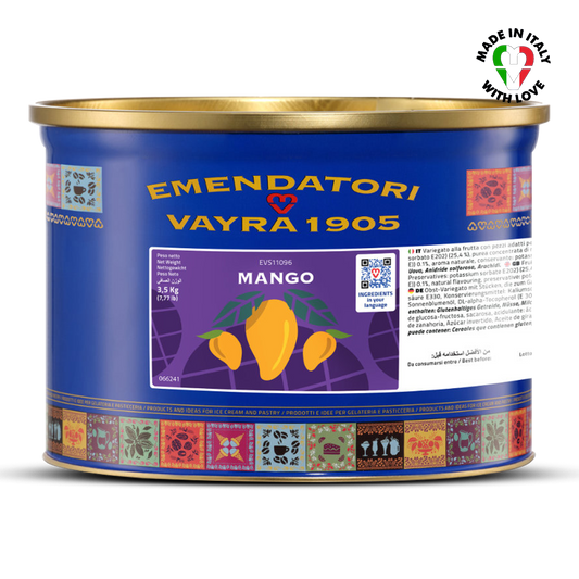 Emendatori Vayra 1905 Real Mango Variegato for Artisanal Gelato with blue label and gold lid on a white background