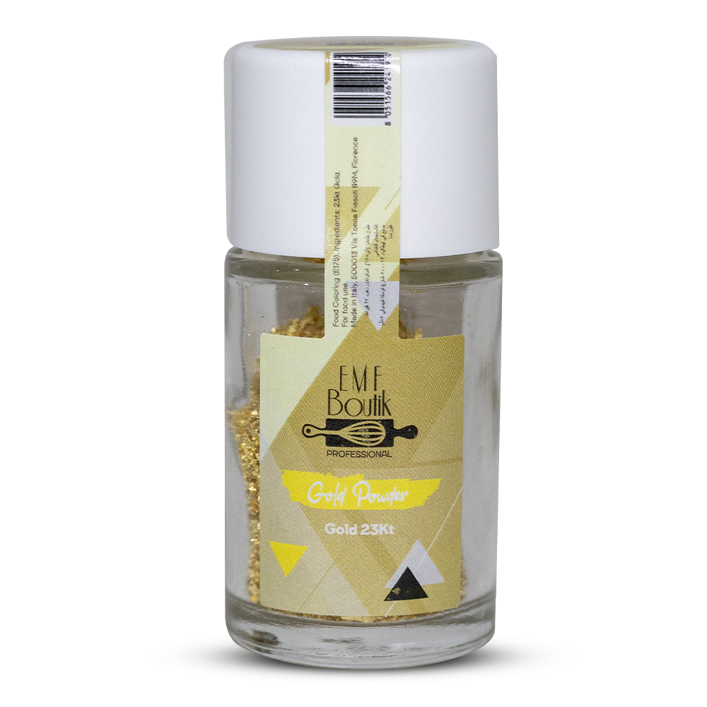 Glass container with gold powder and EMF Boutik professional brand label on a gold background