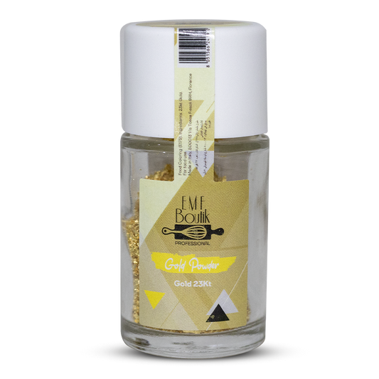 Glass container with gold powder and EMF Boutik professional brand label on a gold background