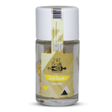 Glass container with gold powder and EMF Boutik professional brand label on a gold background