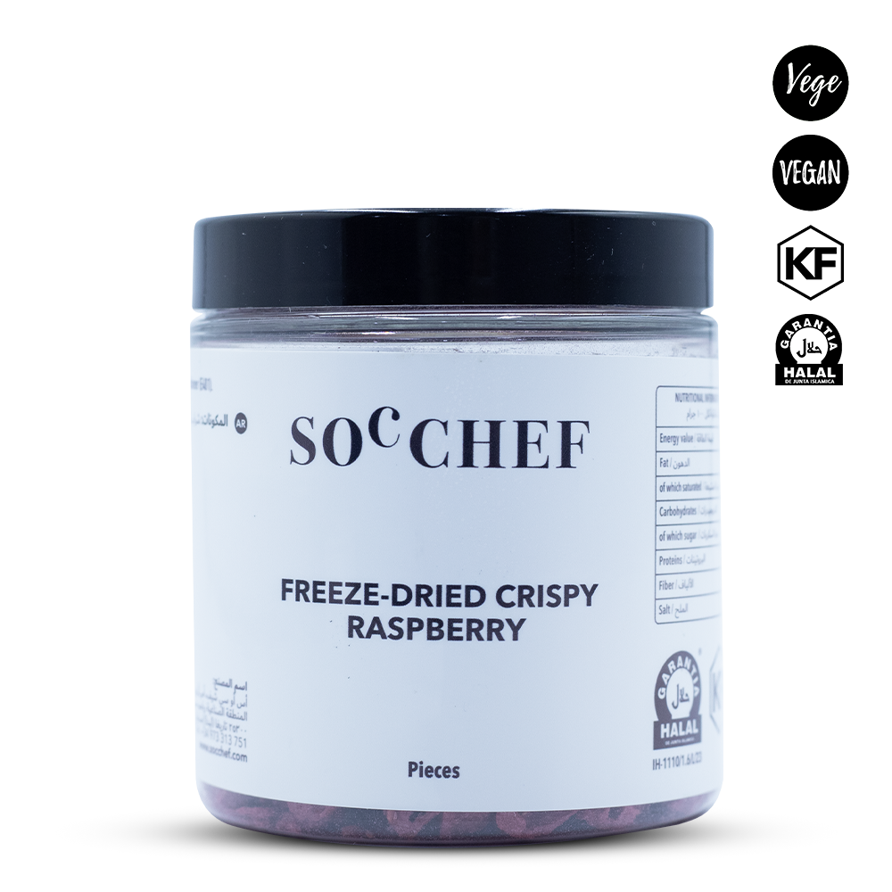 Soc Chef raspberry crispy with branding and certification logos on a white background