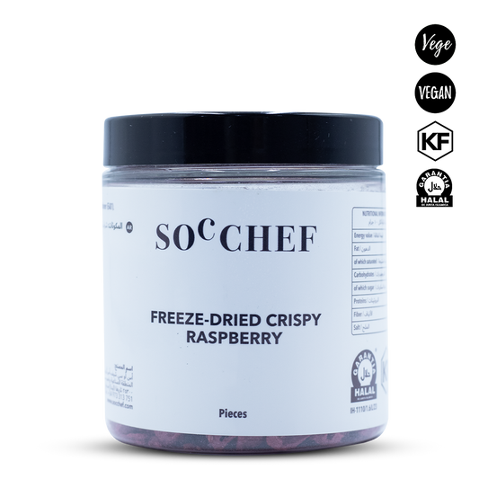 Soc Chef raspberry crispy with branding and certification logos on a white background