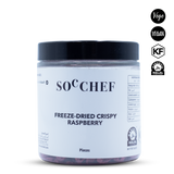 Soc Chef raspberry crispy with branding and certification logos on a white background