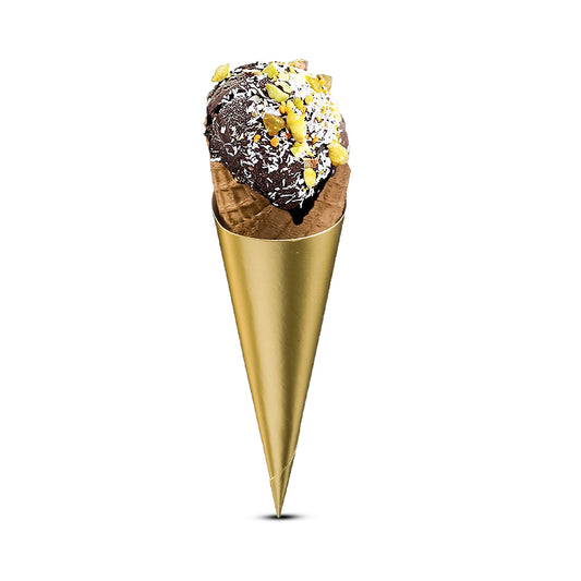 Gold ice cream cone with a chocolate-dipped ice cream ball on a white background