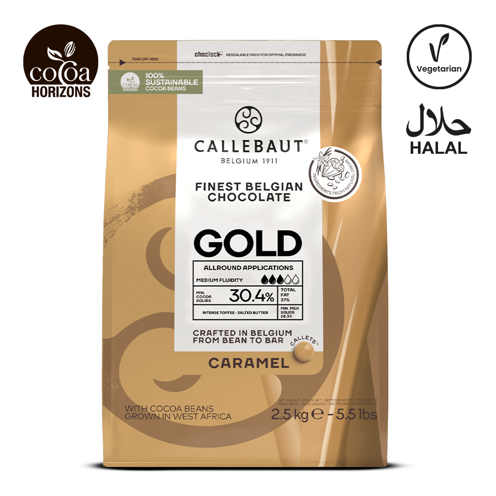 Callebaut Gold chocolate packaging with branding and certification logos on a white background