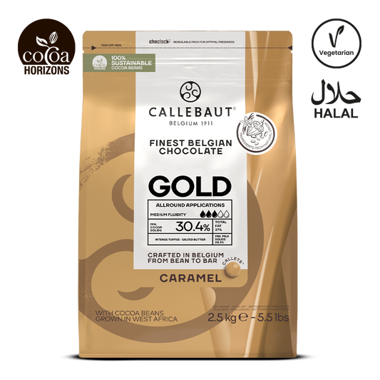 Callebaut Gold chocolate packaging with branding and certification logos on a white background