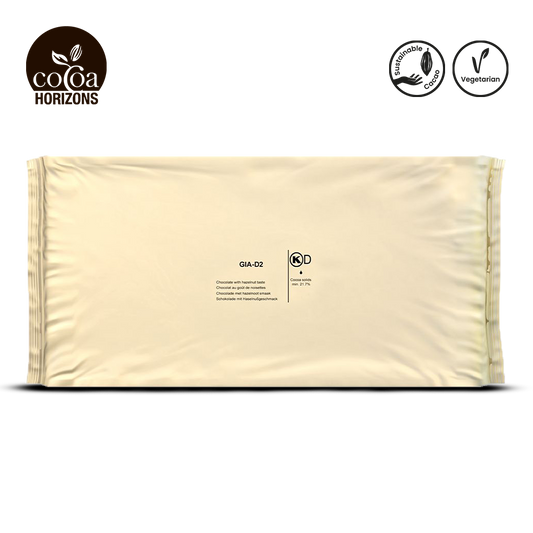 Beige package with 'Cocoa Horizons' branding and certification logos on a white background