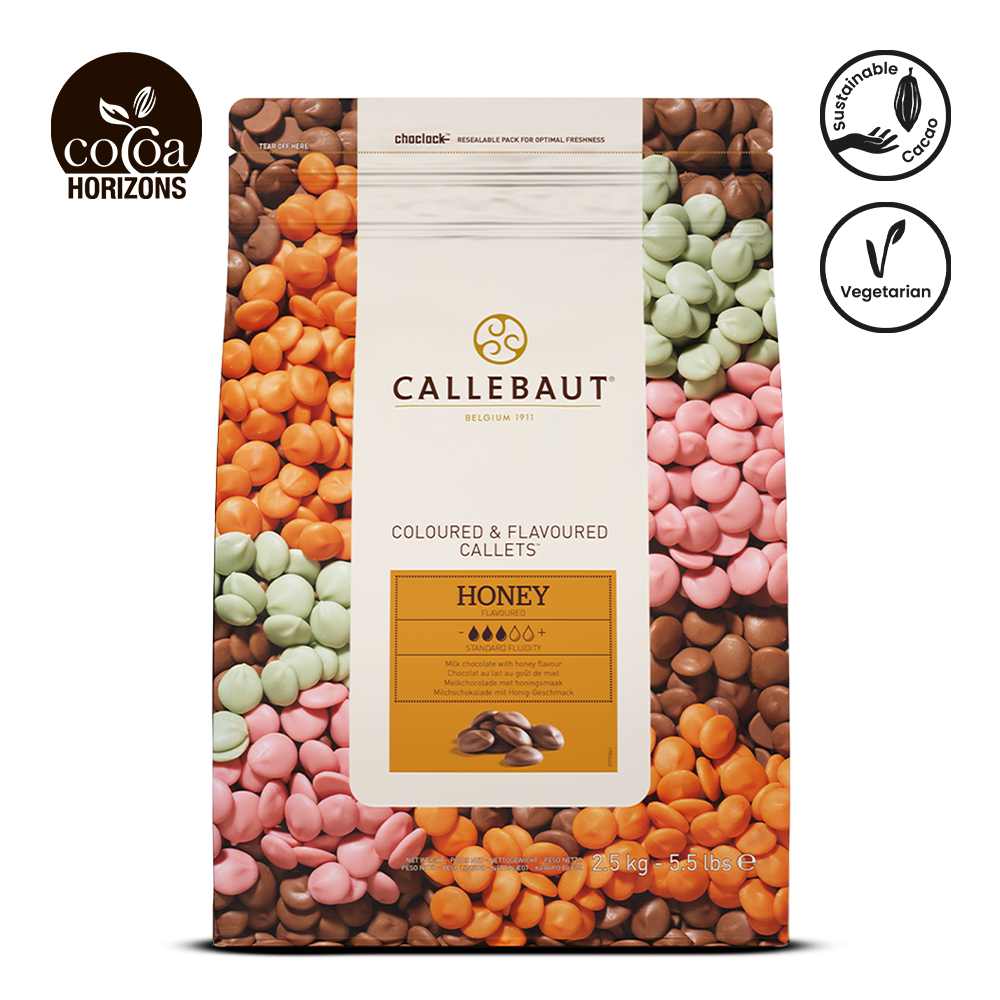 Callebaut colored and flavored chocolate pieces packaging with visible brand logo and product details.