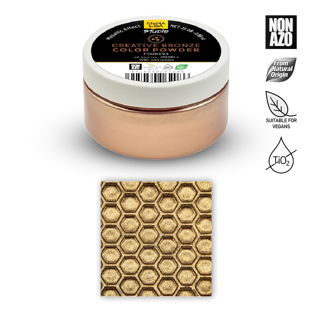 Jar of creative bronze color powder with a sample swatch on a white background