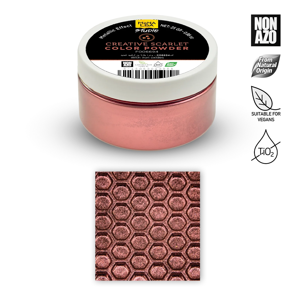 Jar of pink metallic powder with a sample on a white background, featuring Non Azo and vegan suitability logos.