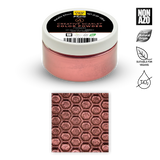Jar of pink metallic powder with a sample on a white background, featuring Non Azo and vegan suitability logos.