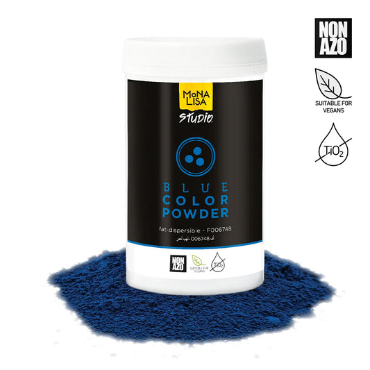 Container of blue color powder with 'Mona Lisa Studio' branding on a white background