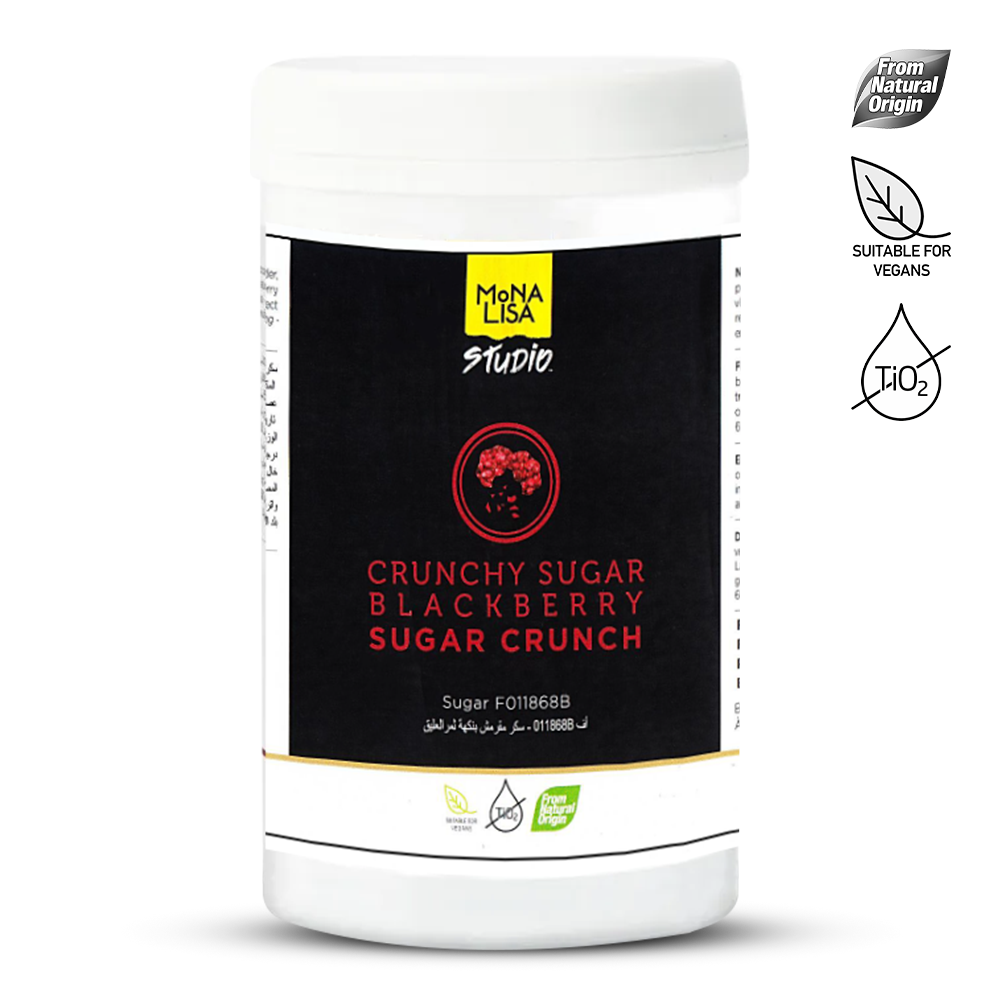 Container of crunchy sugar blackberry flavor with Mona Lisa Studio branding on a white background