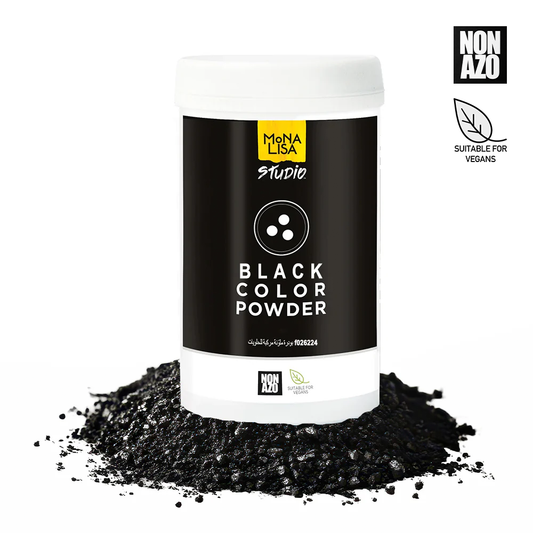 Container of black color powder with Mona Lisa Studio branding on a white background