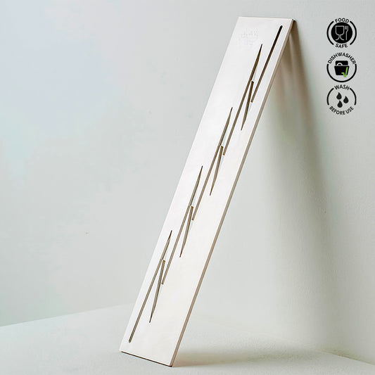 White triangular shelf with wooden slats on a light gray background