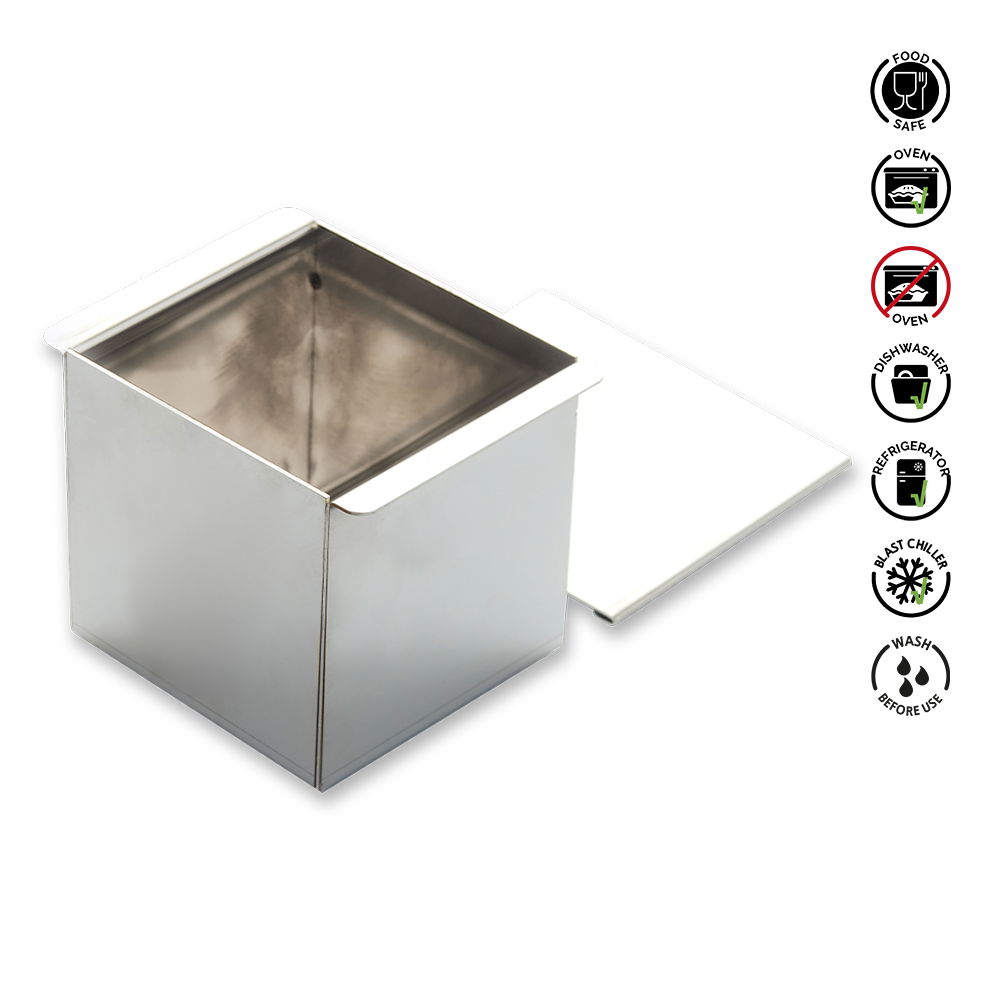 Stainless steel square container with care instructions on a white background