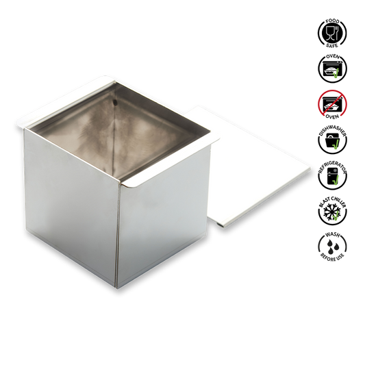 Stainless steel square container with care instructions on a white background